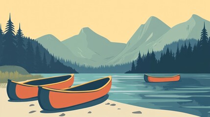 Peaceful mountain lake scene with canoes