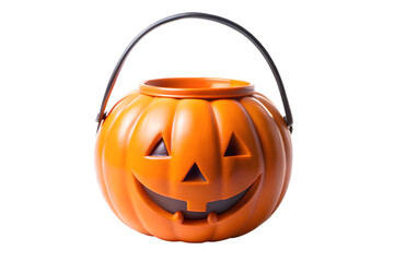 Halloween Pumpkin Candy Bucket with Handle and Smiling Face on Transparent Background