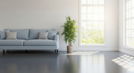 Modern Living Room Interior: Light and airy living room features a light blue sofa, potted plant, and large window, creating a serene and stylish atmosphere. 