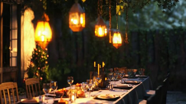Lanterns illuminating a romantic dinner table in a garden setting