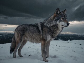 Obraz premium Lone wolf surveys snowy mountain peaks