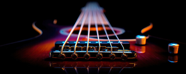 Vibrant close-up of a guitar showcasing its intricate details and craftsmanship in a dark setting