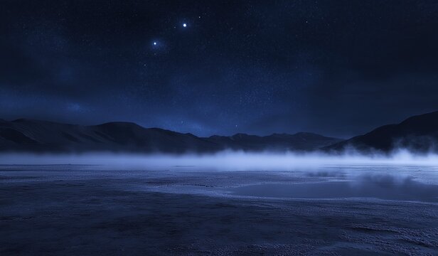A surreal and mystical nightscape of a vast foggy desert with distant mountains, bathed in moonlight and starlight, featuring a frozen lake that perfectly mirrors the celestial glow