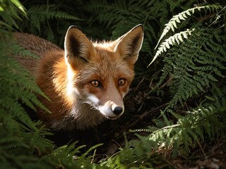 Red fox observes from a fern hideout