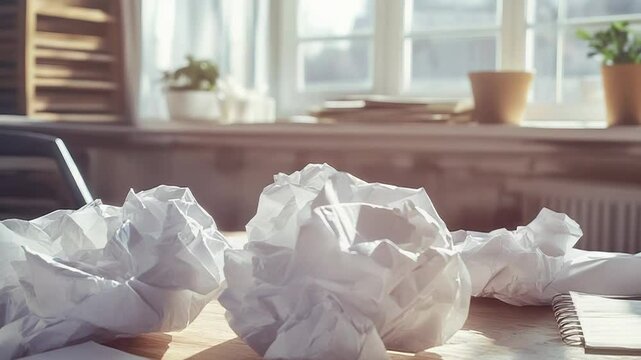 Crumpled paper balls on desk indicate creative struggle in sunlit office