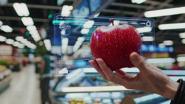 Analyzing freshness: hand holds augmented reality apple display in modern supermarket