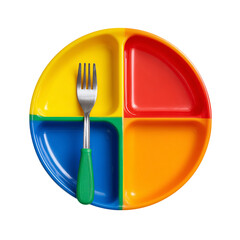 Colorful divided kids plate with plastic fork on transparent background