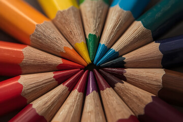Colorful pencils tips arranged in a circular pattern, with visible wood grain and pigment texture
