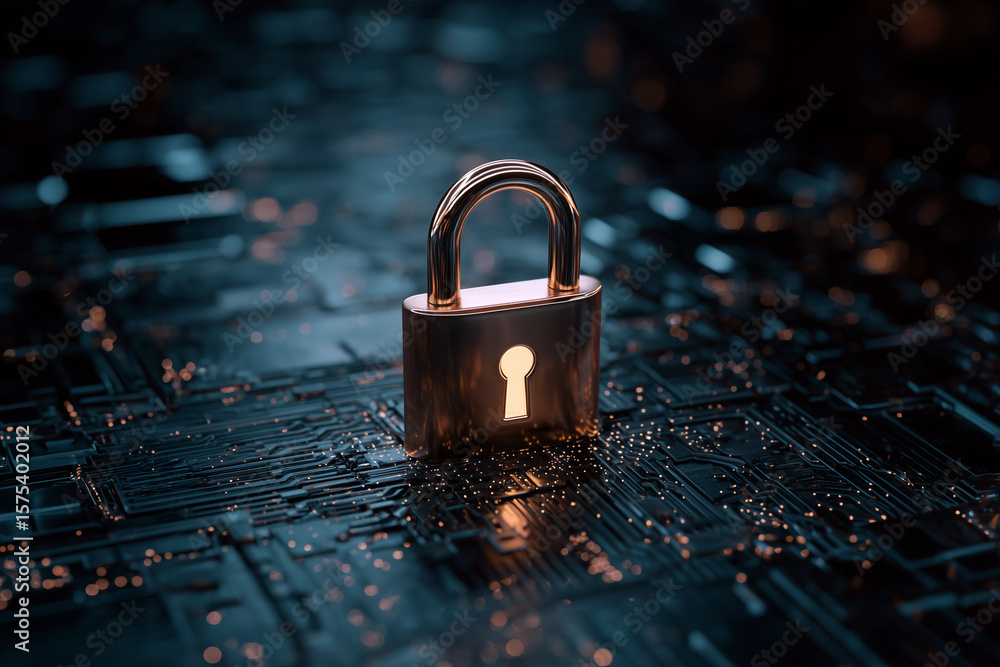 Poster secure cyber security network with padlock icon,digital protection and data privacy concept