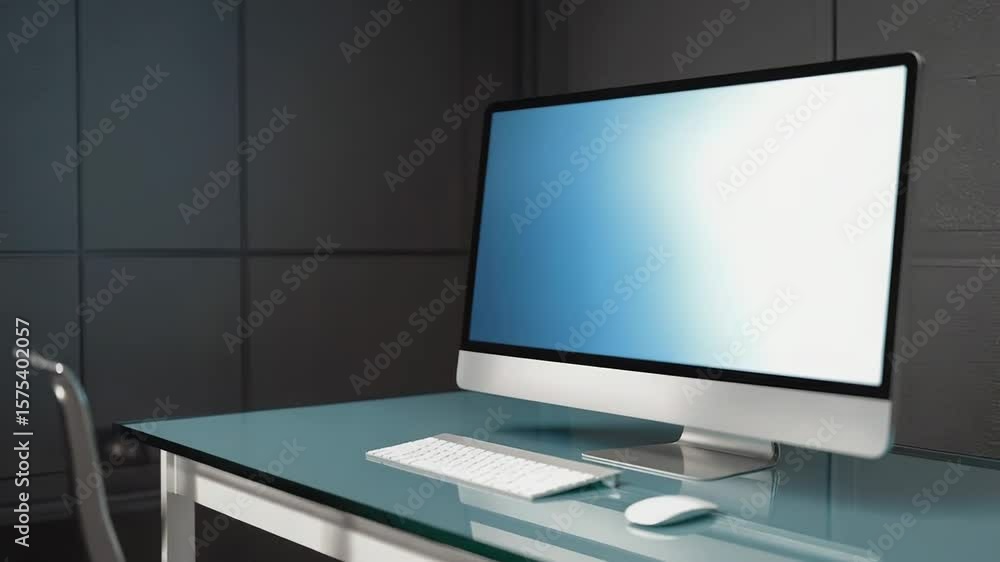 Poster modern desktop computer showing blue screen in office setting