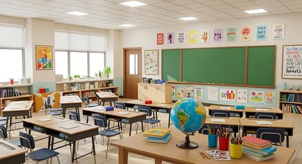 A spacious and well-organized classroom with desks, educational posters, a chalkboard, and various school supplies, ready for students to return.