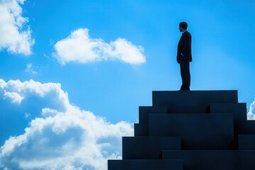 Aim High, man stands atop career steps against clear skies, towards Opportunity