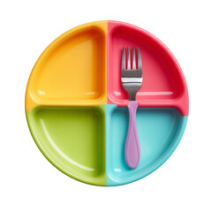 Colorful divided kids plate with plastic fork on transparent background