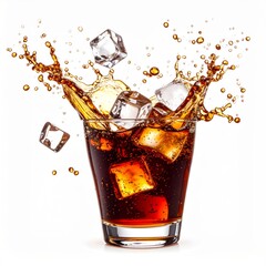 Refreshing Splash: Ice Cubes Plunging into a Glass of Cola on White Background