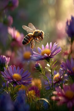 Close-up of a honeybee landing on a purple aster flower in golden hour warm backlight with cinematic rim light, vivid green meadow with wildflowers, detailed wings and dramatic lighting effects