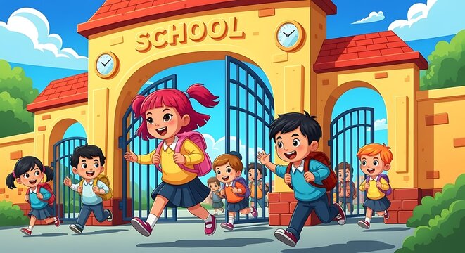 Colorful cartoon illustration of cheerful children walking through the front gate of a school building with big smiles, excited for the first day of school.
