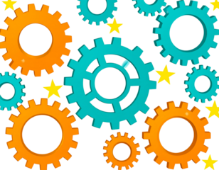 Bright and shiny 3D gears in orange and teal mesh together, signifying connection and