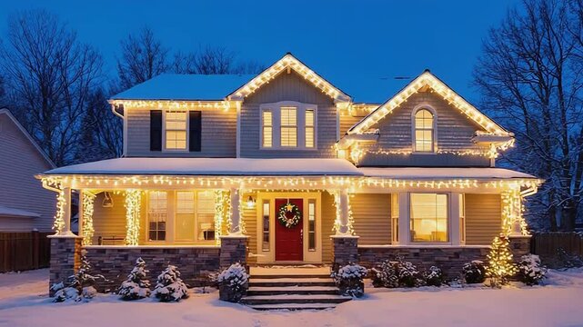 Beautiful suburban house decorated with christmas lights during winter evening