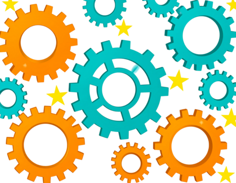 Bright and shiny 3D gears in orange and teal mesh together, signifying connection and