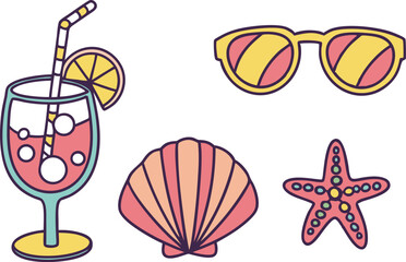 Relaxing Beach Vacation Elements Design Featuring Sun, Sand, and Sea. Colorful Beach Vacation Elements Illustrations for Tropical Holiday Themes. Modern Beach Vacation Elements Design Highlighting