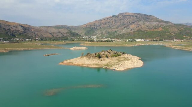 Aerial view of Khanpur Lake and mountains, Pakistan.