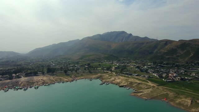 Aerial view of Khanpur Lake and mountains, Pakistan.