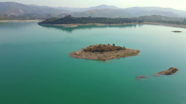 Aerial view of lake and mountains, Pakistan.