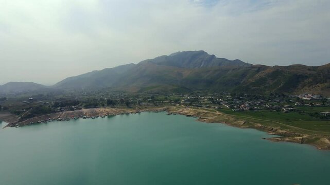 Aerial view of tranquil lake and mountains, Pakistan.