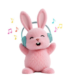 Fototapeta premium Pink Bunny Listening to Music isolated on transparent baackground