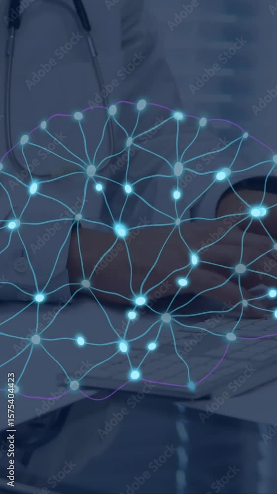 Poster animation of ai data processing over caucasian male doctor typing on computer