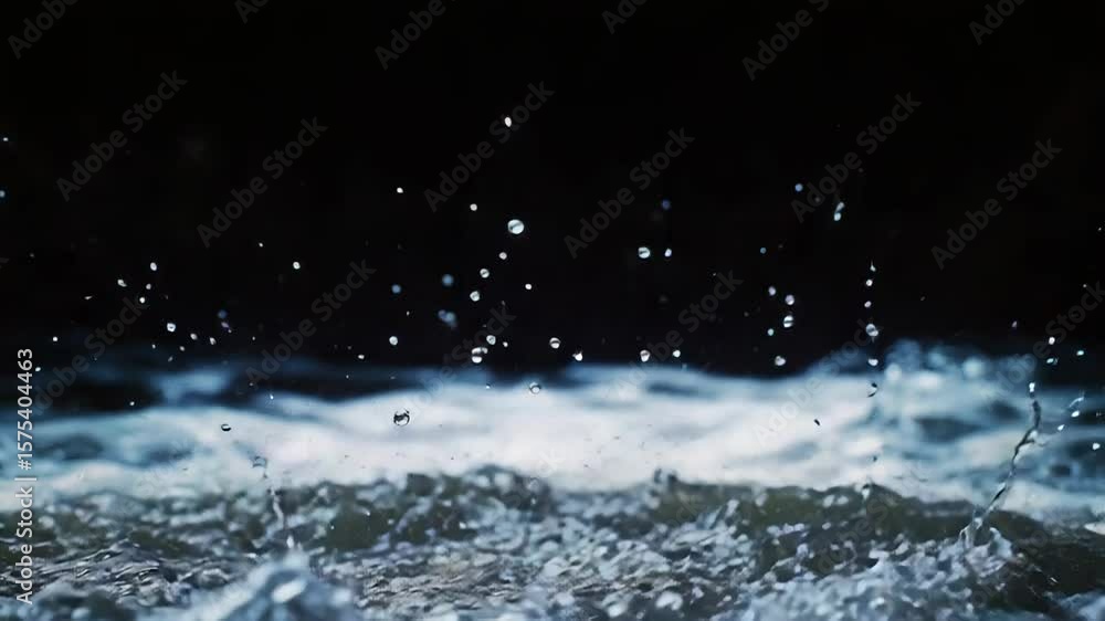 Poster water splashing upwards creating drops and bubbles on dark background