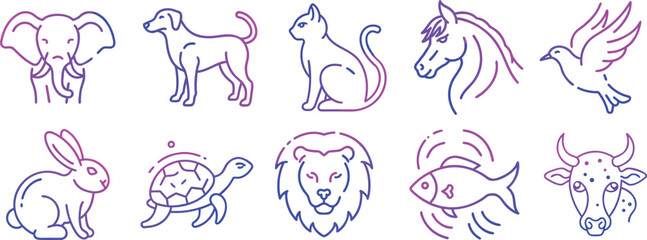 Line Art Animal Icons Elephant Rabbit Lion Fish Cow Dog Turtle Cat Horse Bird
