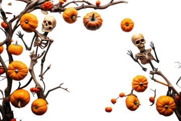 Spooky Halloween Scene with Skeletons Pumpkins and Bare Branches on Transparent Background spooky scene featuring skeletons pumpkins bare branches This image has transparent background making