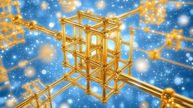 Golden Network of Interconnected Cubes on a Blurry Blue Background Representing Technology and Connectivity - Powered by Adobe