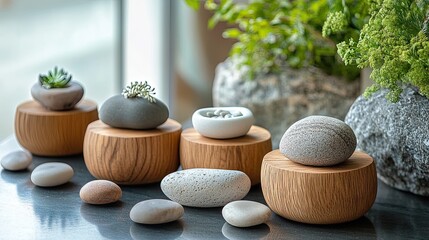 Natural stones displayed with wooden holders in a serene indoor setting for eco-friendly design.