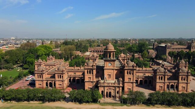 Aerial view of historic architecture and gardens, Pakistan.