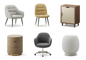 Modern Contemporary Furniture Collection Chairs Cabinets Ottomans Isolated on White Background