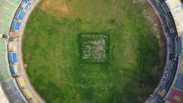 Aerial view of cricket stadium and field, Pakistan.