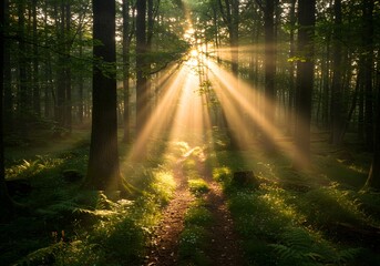 Fototapeta premium Sunlight illuminates forest path through dense woodland scenery