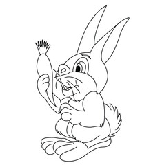 Cute cartoon hand drawn vector happy bunny with carrot outline.