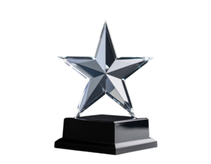 Brilliant glass star trophy on a solid black base, a prestigious symbol of excellence