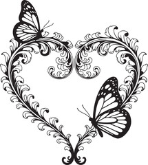 Black and white heart shaped floral design with butterflies