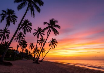 Tropical beach sunset with palm trees silhouettes at twilight