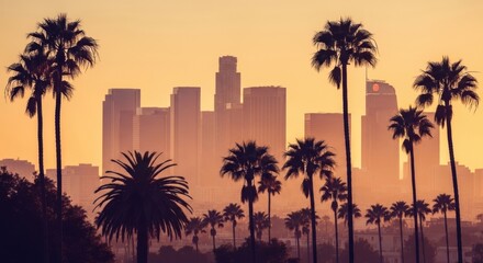 Los Angeles Skyline at Sunset: Palm Trees Silhouetted Against Golden Haze