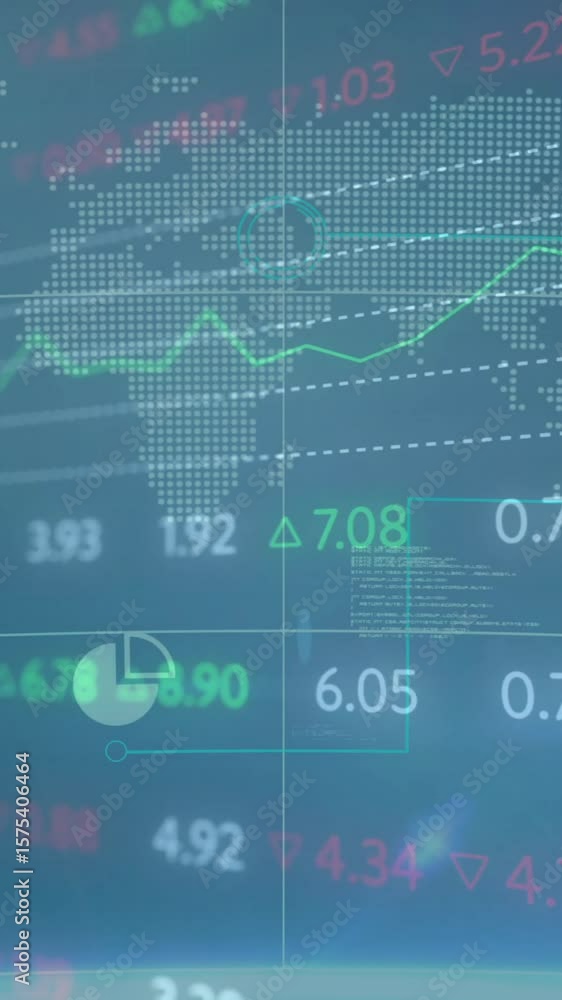 Poster financial data and stock market analysis animation over world map and graphs