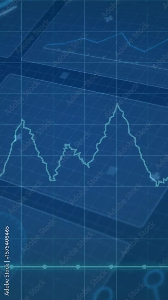 Poster financial data chart animation over blue technical background with graphs and grids