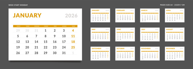 2026 Calendar Planner Set of new Template 12 Monthly Page for Corporate or Personal use. Vector grid layout of wall or desk organizer with week start Monday for print. Pages size A4 -21x29.7cm