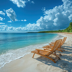 Photography of beach chairs set on the sand at a beautiful beach in a resort area.