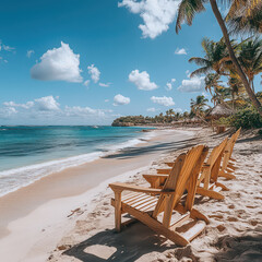 Photography of beach chairs set on the sand at a beautiful beach in a resort area.
