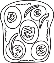An outline illustration of an egg sandwich, with sliced eggs on toast, perfect for breakfast icons